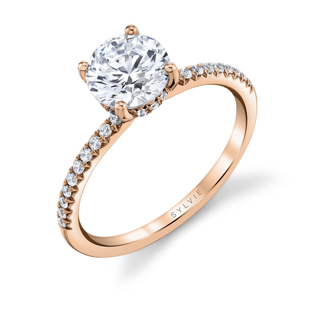 (14K Rose) Round Cut Classic Hidden Halo Engagement Ring - Blythe