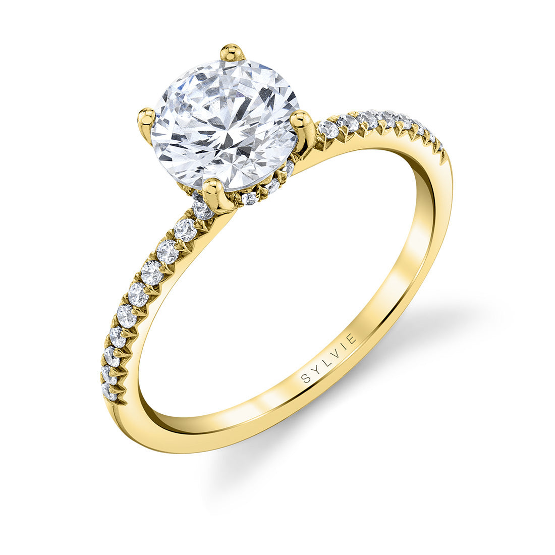 (18K Yellow) Round Cut Classic Hidden Halo Engagement Ring - Blythe