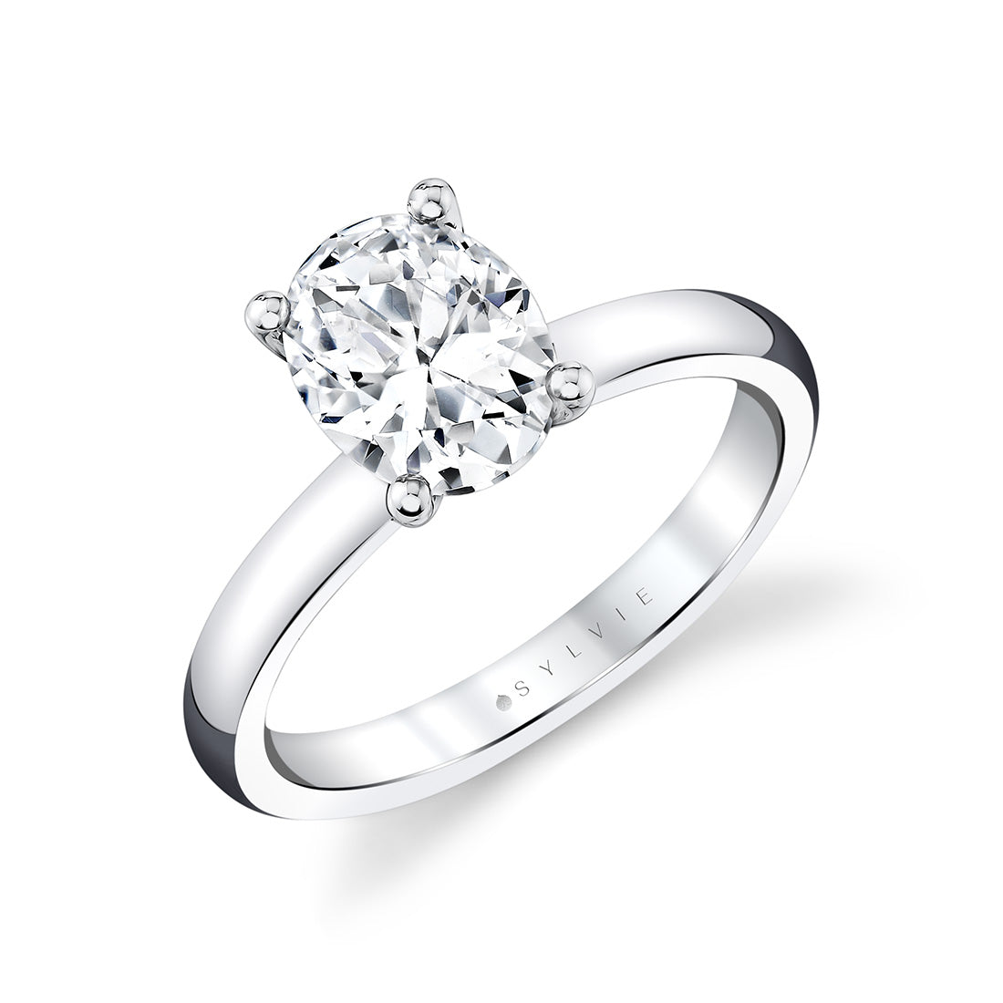 (18K White) Oval Cut Wide Band Solitaire Engagement Ring - Demitra