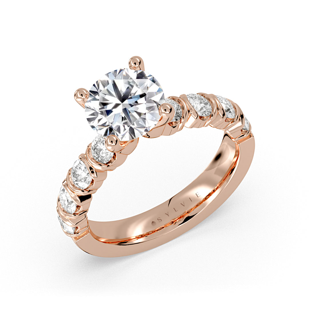 (18K Rose) Round Cut Bar Set Diamond Engagement Ring - London