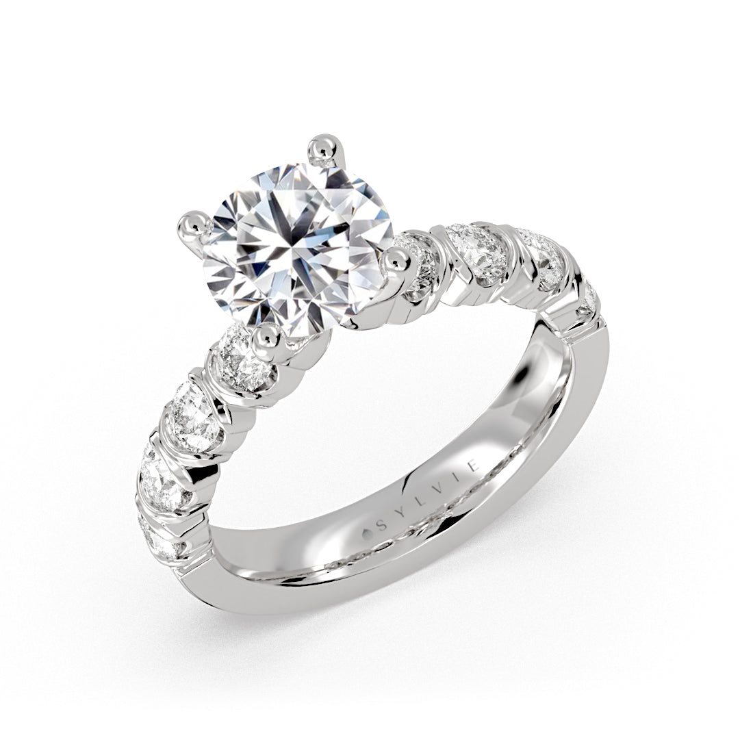 (18K White) Round Cut Bar Set Diamond Engagement Ring - London