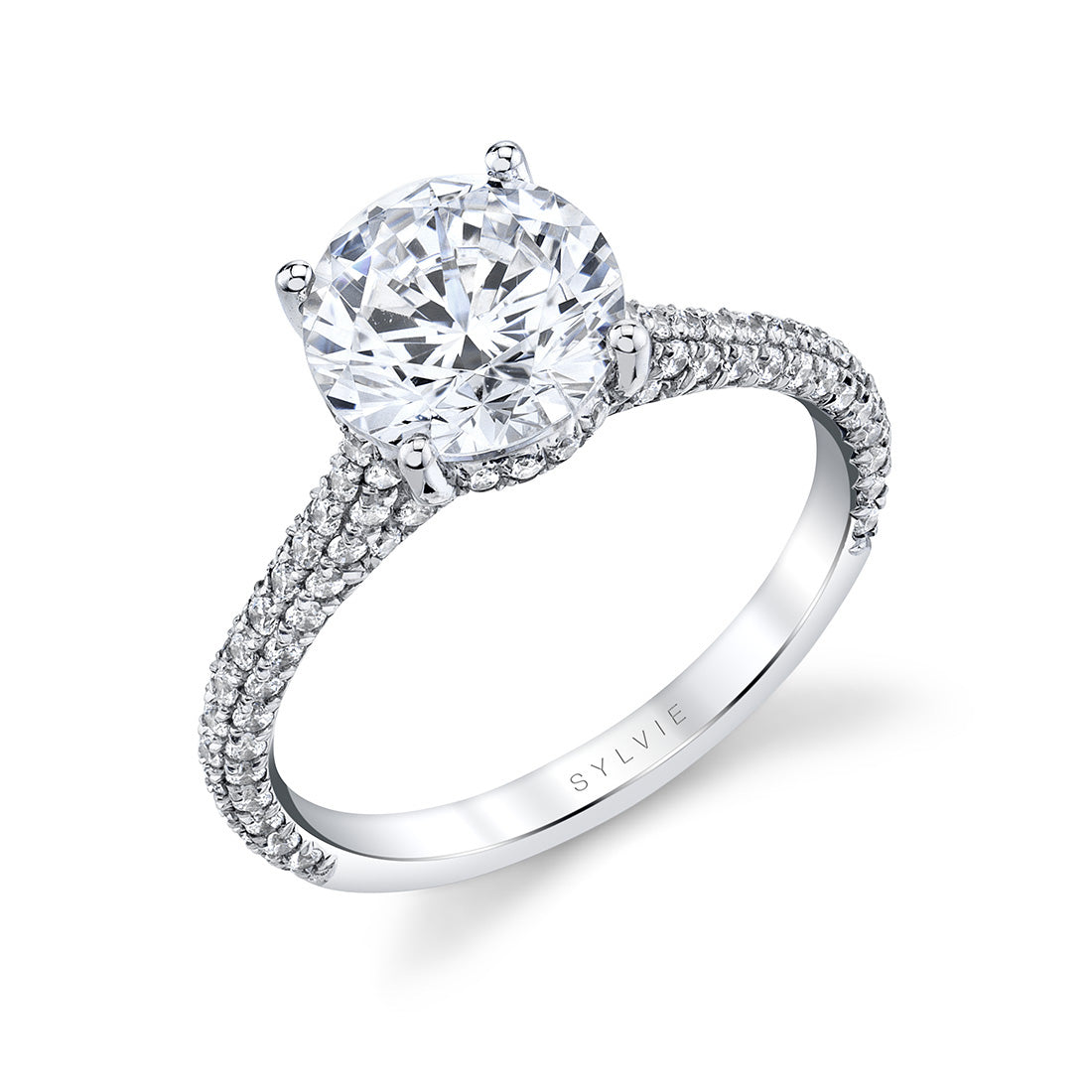 (14K White) Round Cut Hidden Halo Pave Engagement Ring - Riley