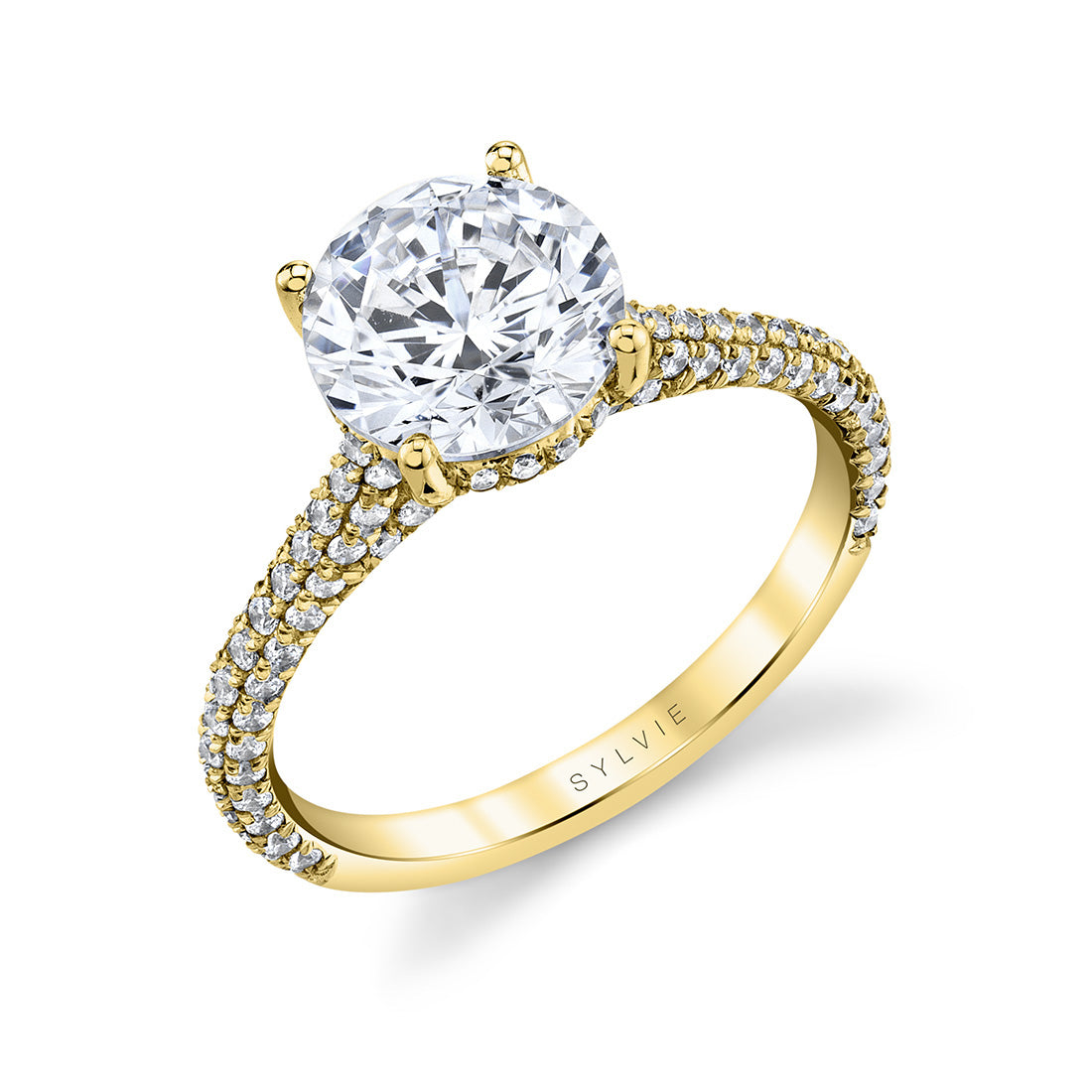 (14K Yellow) Round Cut Hidden Halo Pave Engagement Ring - Riley