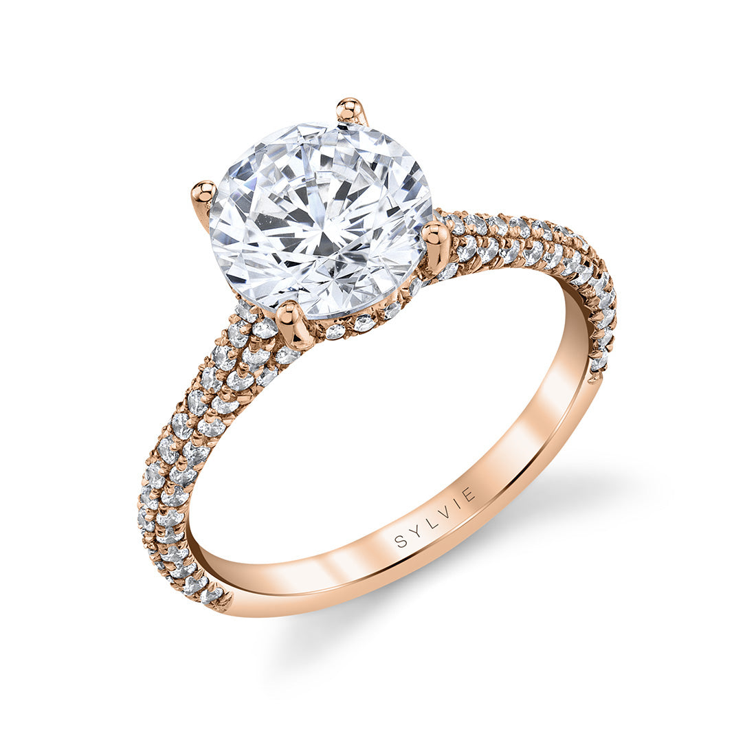 (18K Rose) Round Cut Hidden Halo Pave Engagement Ring - Riley