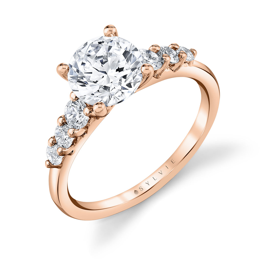 (18K Rose) Round Cut Classic Graduating Engagement Ring - Eden