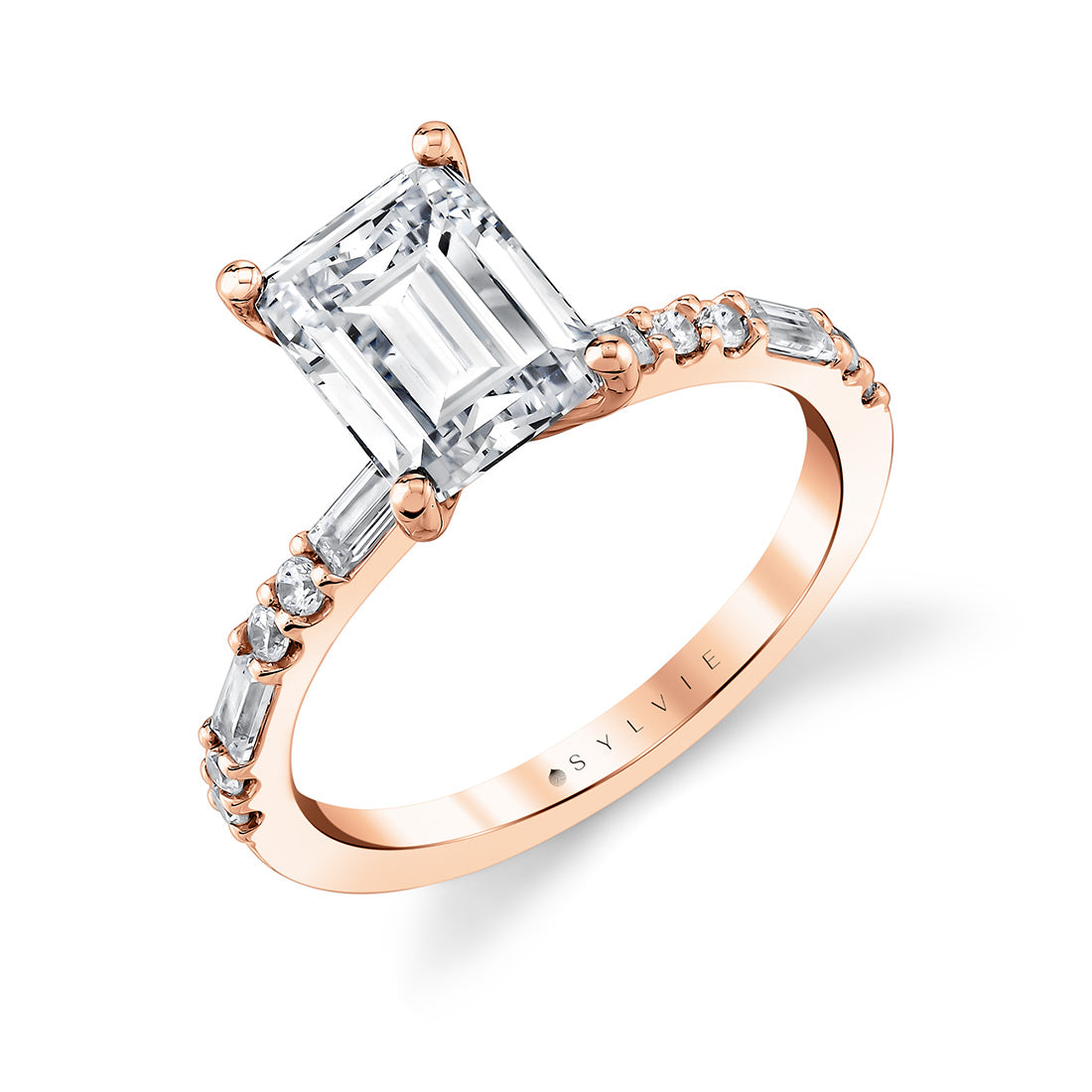 (14K Rose) Emerald Cut Alternating Diamond and Baguette Engagement Ring - Tessa