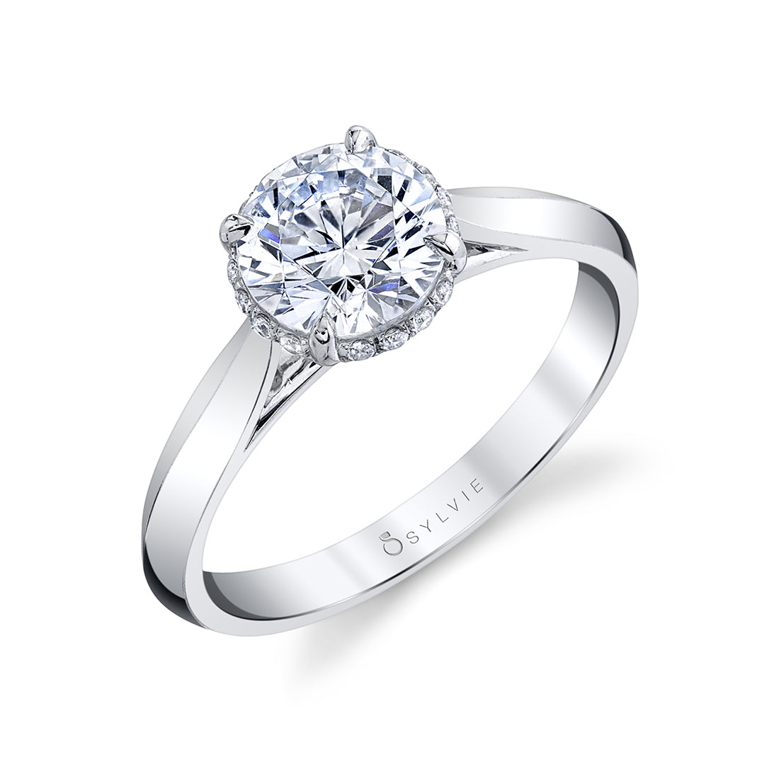 (14K White) Unique Hidden Halo Engagement Ring - Fae