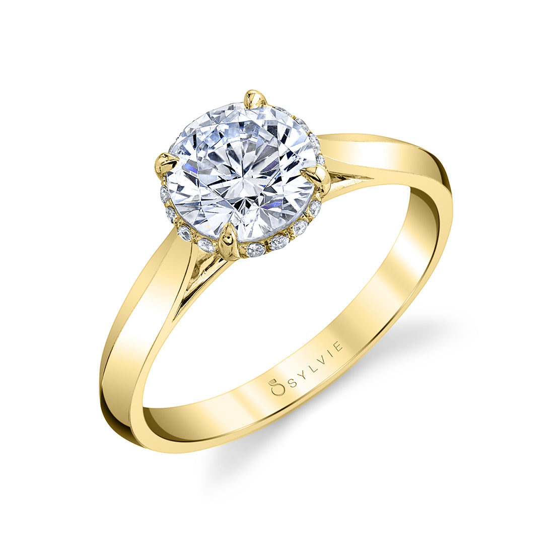 (14K Yellow) Unique Hidden Halo Engagement Ring - Fae