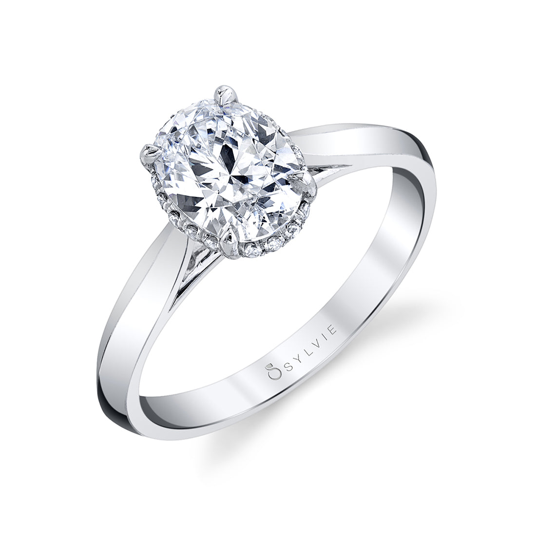 (14K White) Unique Hidden Halo Oval Engagement Ring - Fae