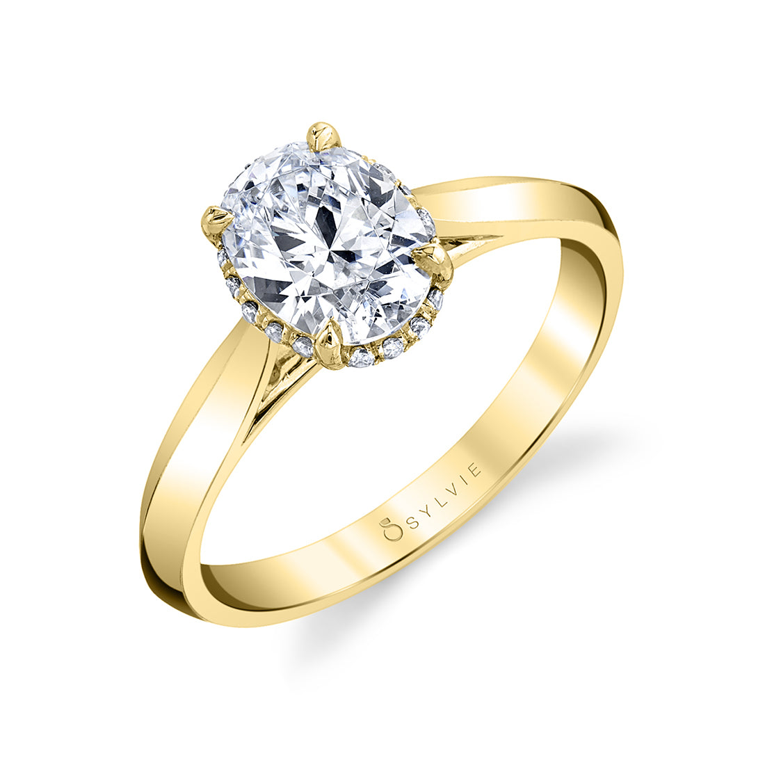 (14K Yellow) Unique Hidden Halo Oval Engagement Ring - Fae