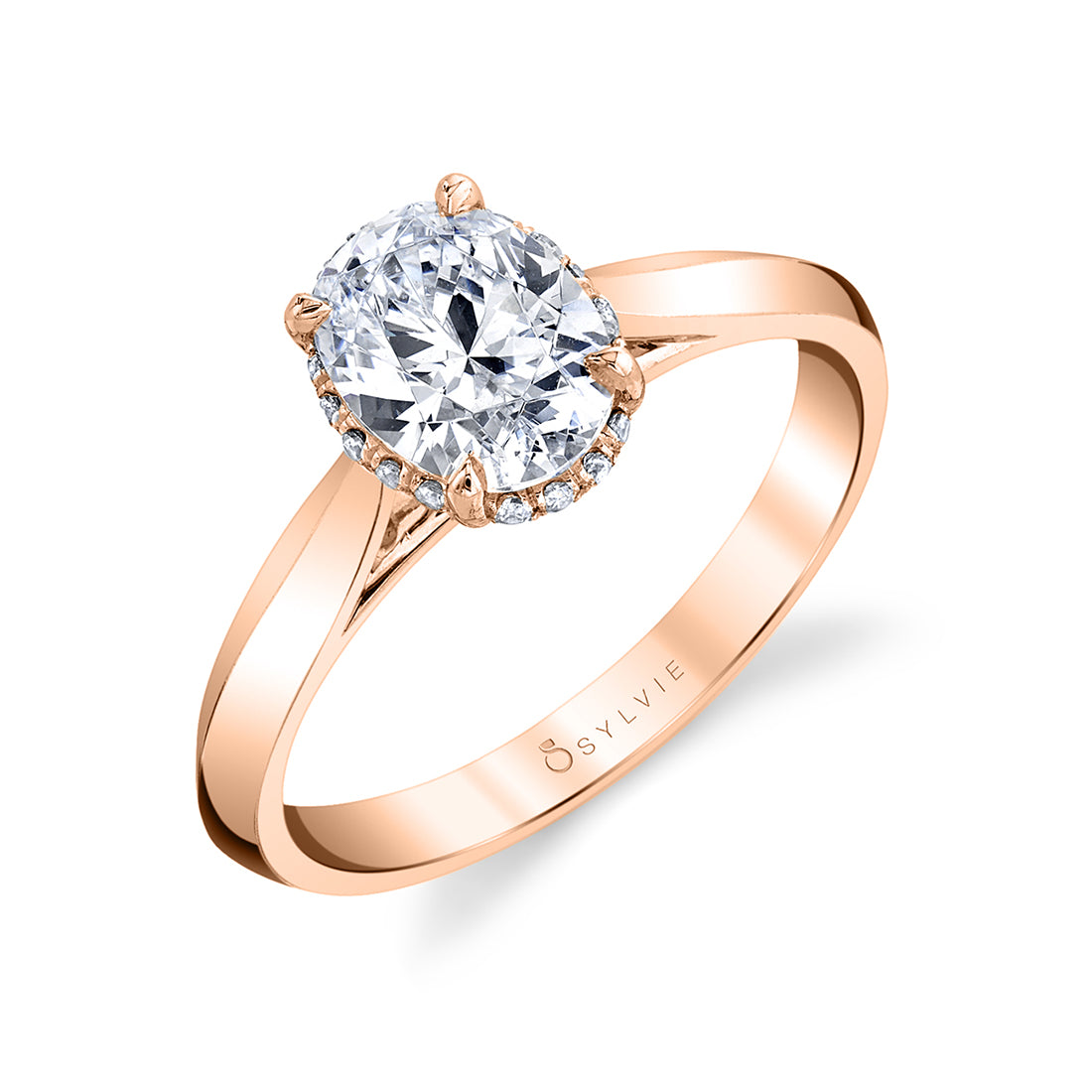(18K Rose) Unique Hidden Halo Oval Engagement Ring - Fae