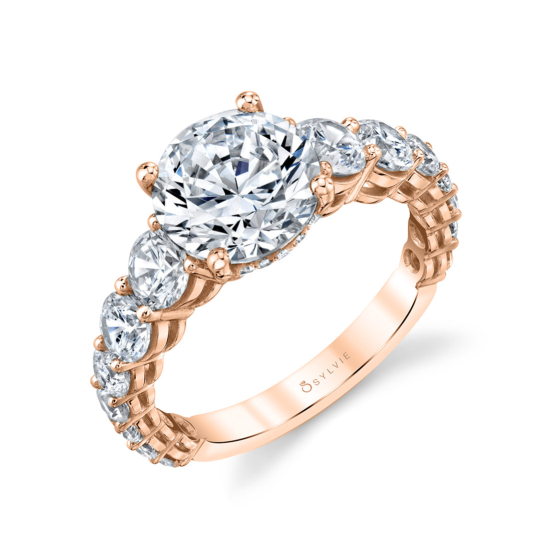 (14K Rose) Round Engagement Ring with Hidden Halo - Lavinia