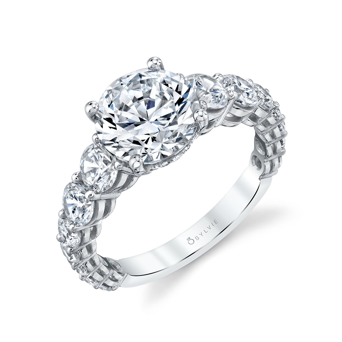 (14K White) Round Engagement Ring with Hidden Halo - Lavinia