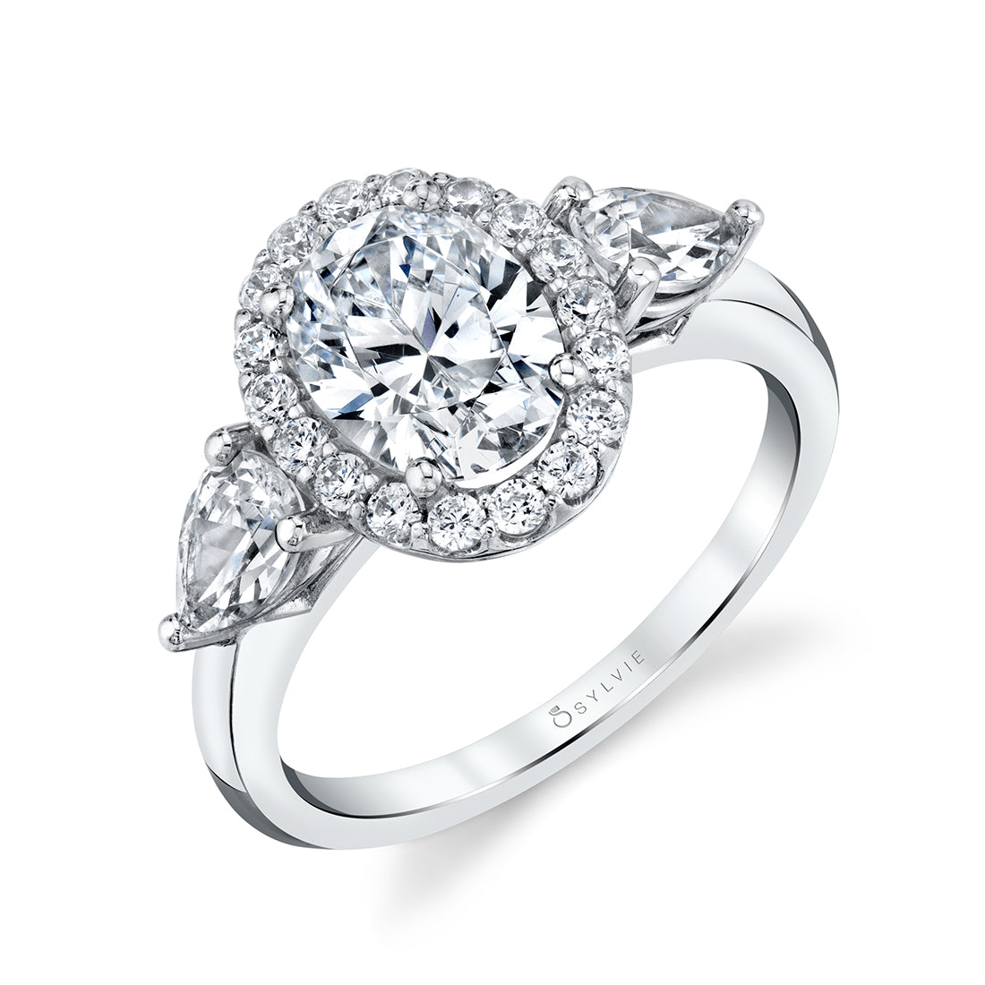(14K White) Three Stone Oval Engagement Ring - Lilliana