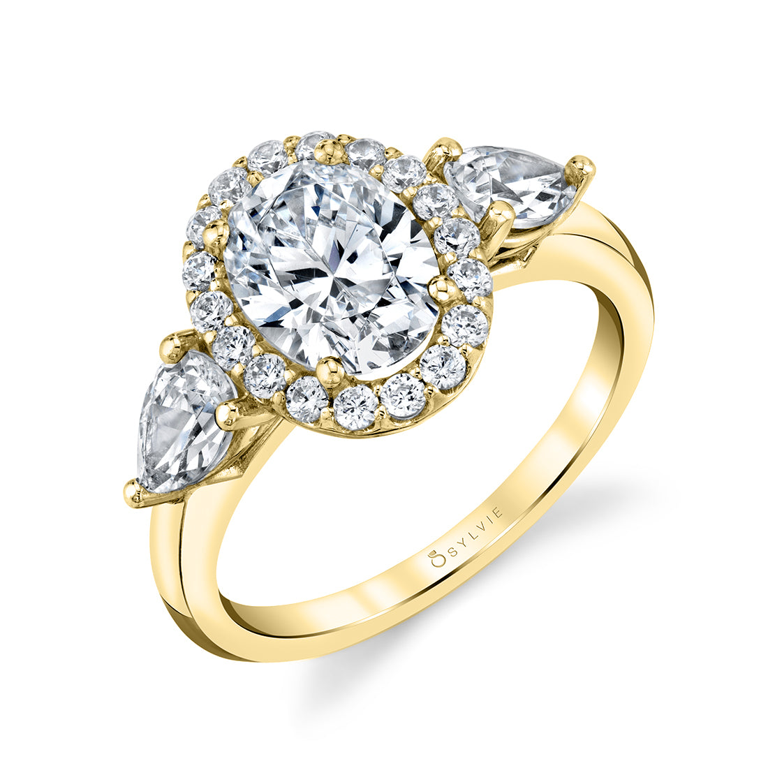 (14K Yellow) Three Stone Oval Engagement Ring - Lilliana