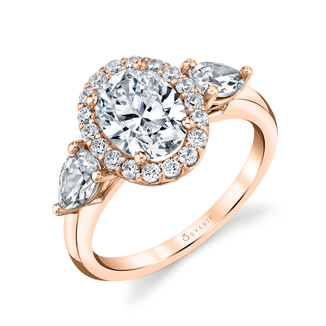 (18K Rose) Three Stone Oval Engagement Ring - Lilliana