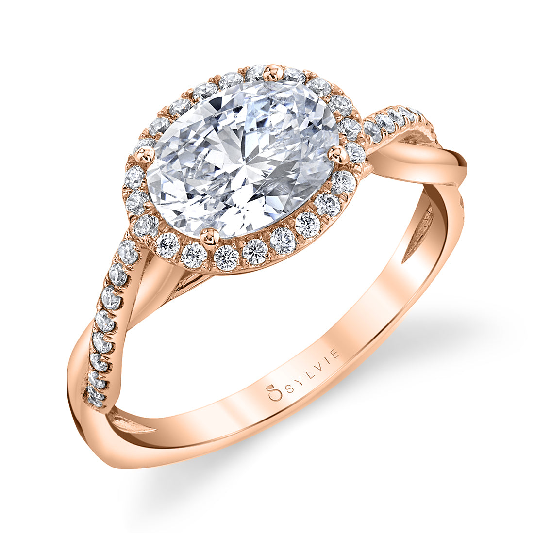 (14K Rose) East-West Oval Engagement Ring with Halo
