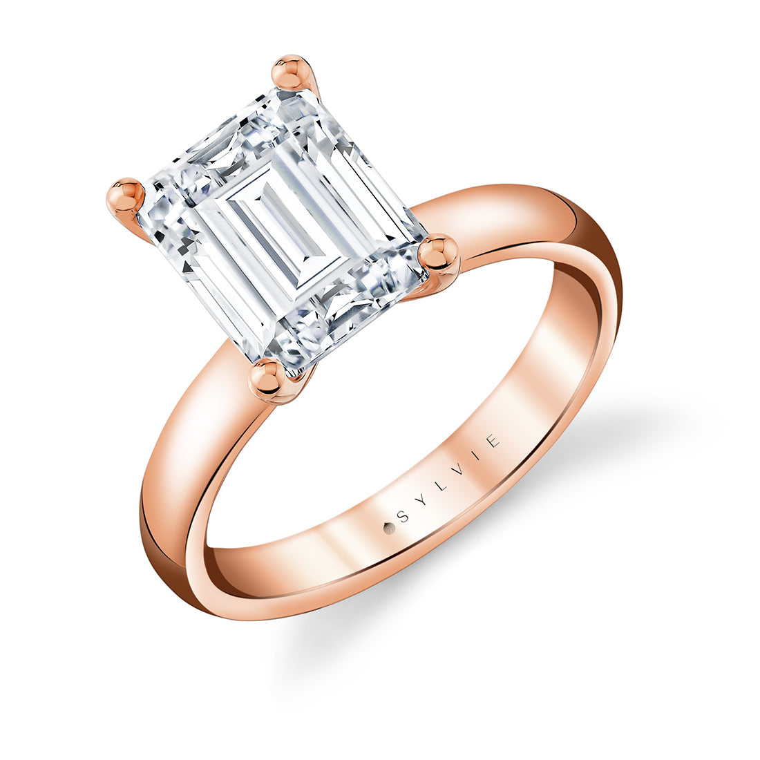 (18K Rose) Emerald Cut Wide Band Solitaire Engagement Ring - Mila
