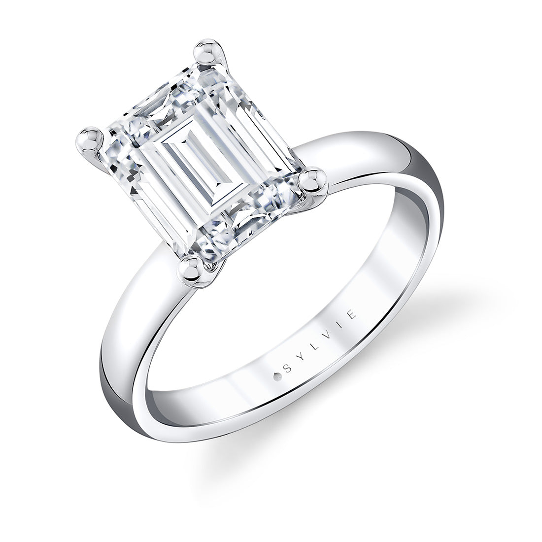 (18K White) Emerald Cut Wide Band Solitaire Engagement Ring - Mila
