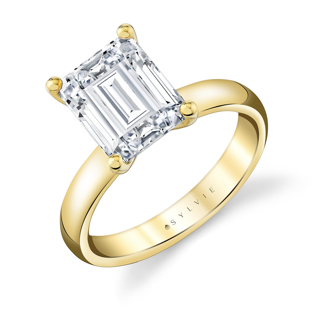 (18K Yellow) Emerald Cut Wide Band Solitaire Engagement Ring - Mila