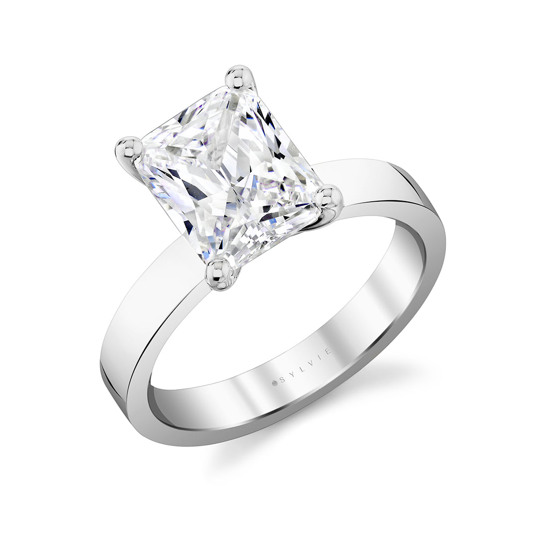 (18K White) Radiant Cut Flat Edge Solitaire Engagement Ring - Vesta