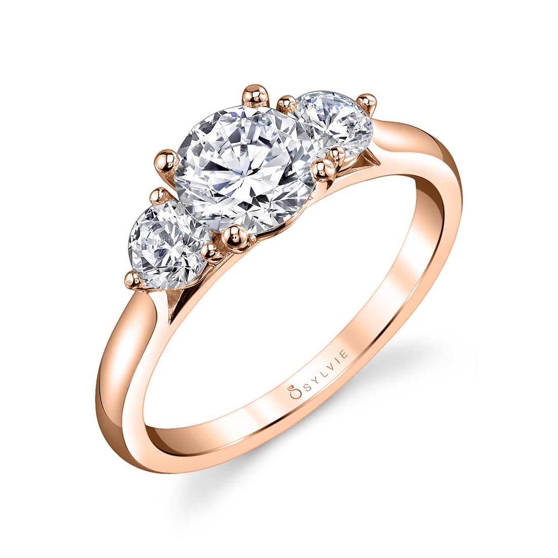(18K Rose) Modern Three Stone Engagement Ring