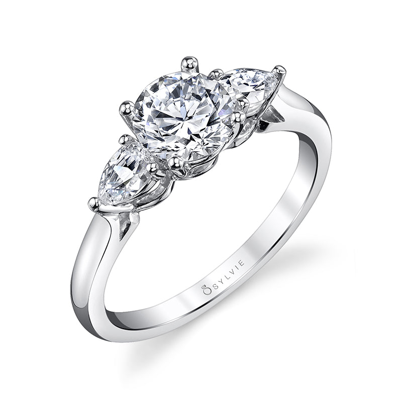 (14K Rose) Round Cut Three Stone Engagement Ring with Trilliant Side Stones - Kaia