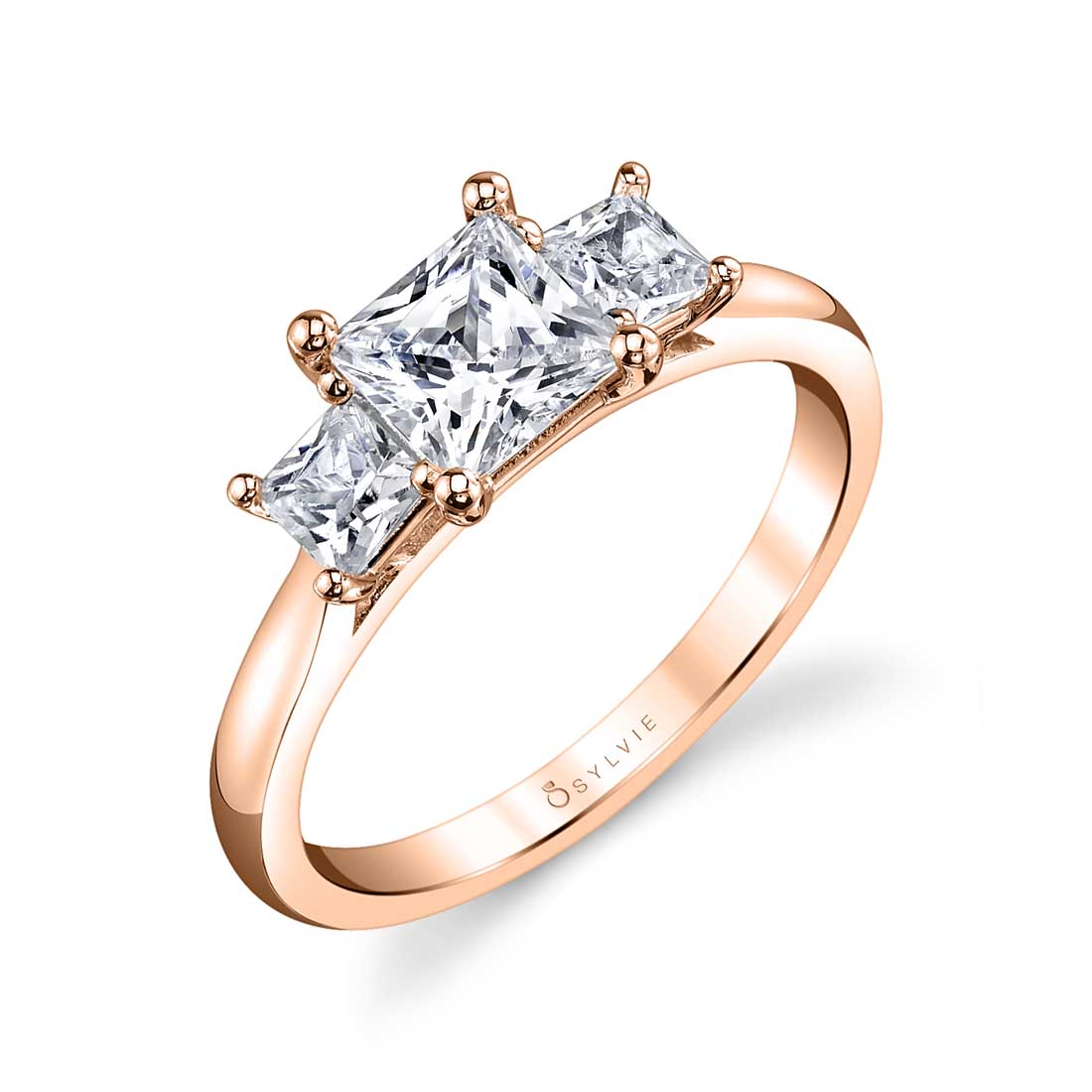 (14K Rose) Princess Cut Three Stone Engagement Ring