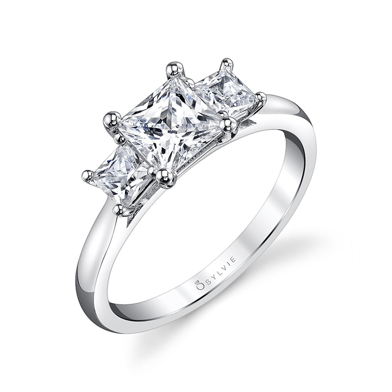 (Platinum White) Princess Cut Three Stone Engagement Ring