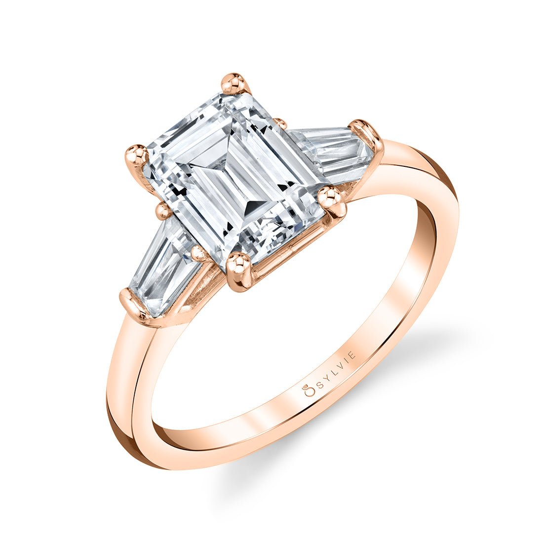 (14K Rose) Emerald Cut 2.0 CT Three Stone Engagement Ring with Baguettes - Nicolette