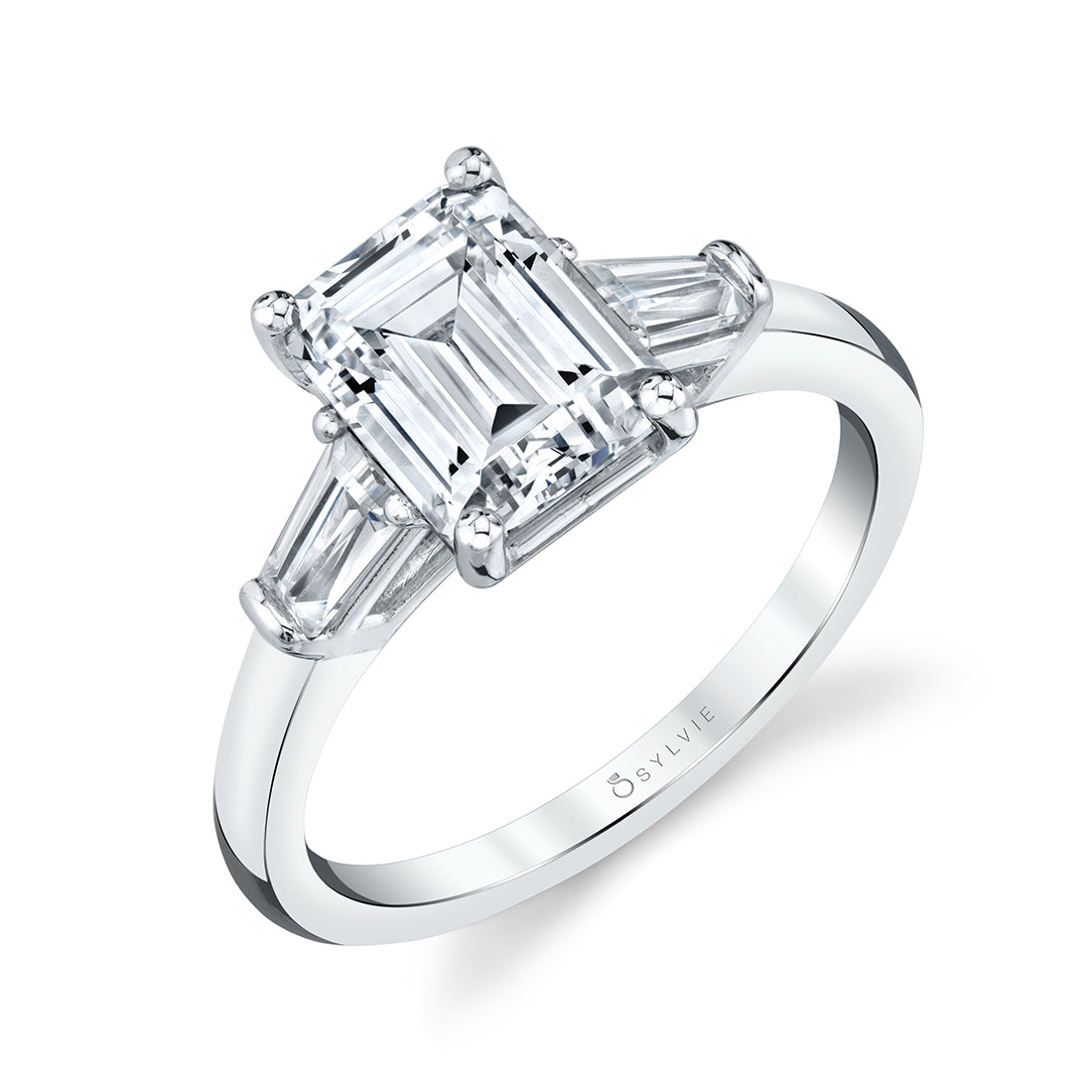 (Platinum White) Emerald Cut 2.0 CT Three Stone Engagement Ring with Baguettes - Nicolette