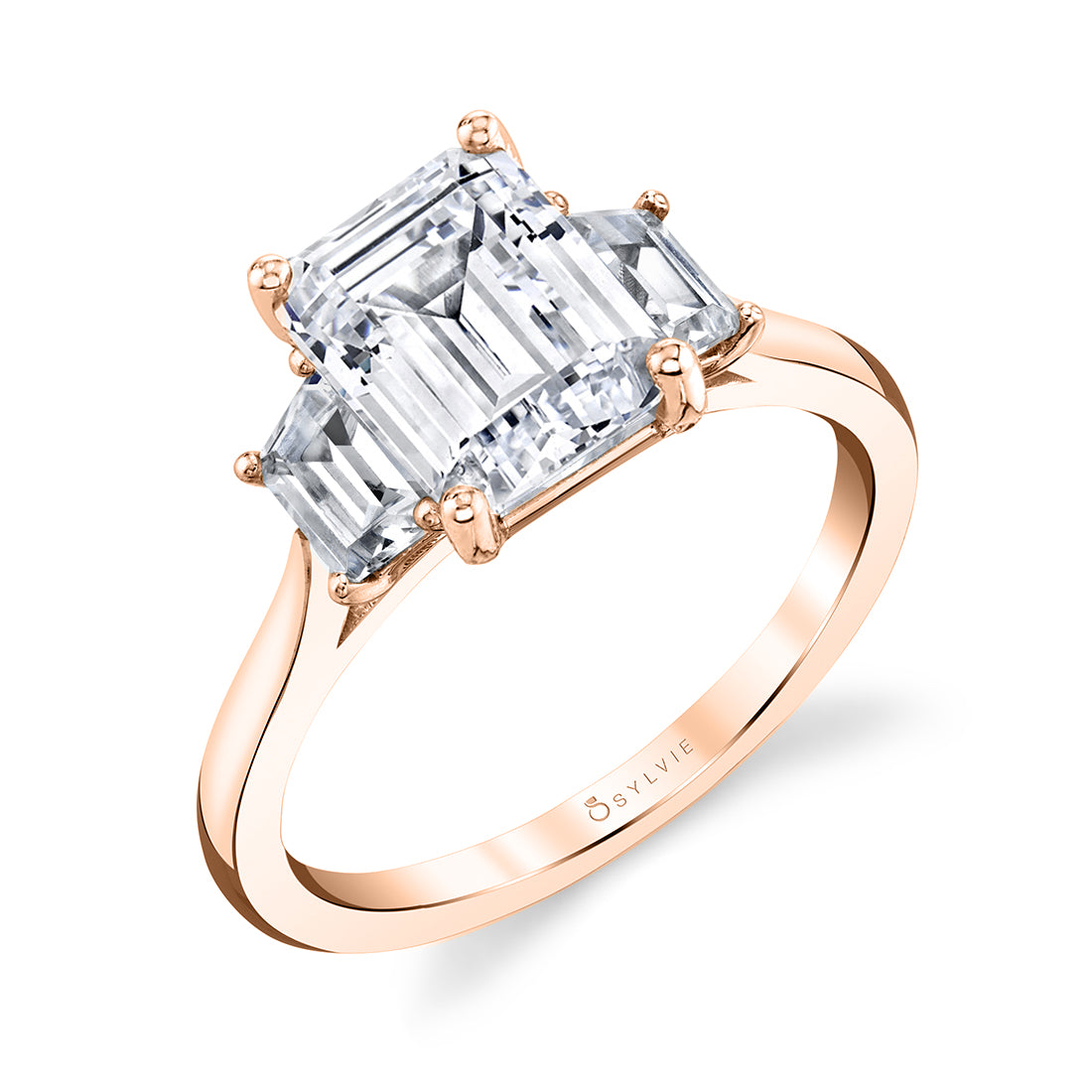 (14K Rose) Emerald Cut Engagement Ring with Trapezoid Side Stones - Annalise