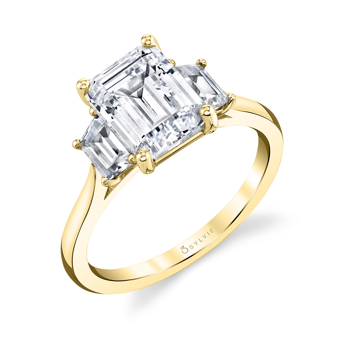 (18K Yellow) Emerald Cut Engagement Ring with Trapezoid Side Stones - Annalise