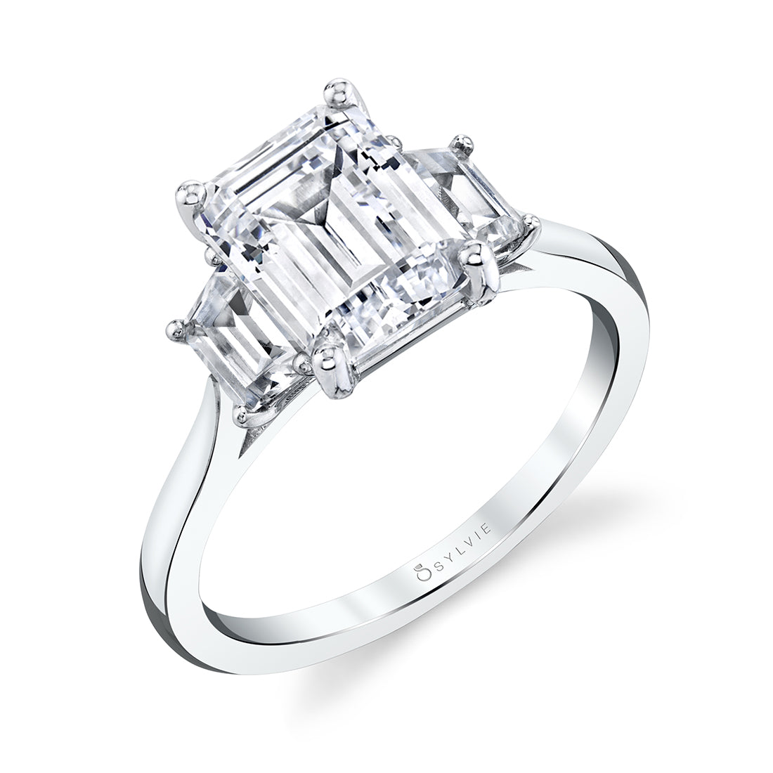 (Platinum White) Emerald Cut Engagement Ring with Trapezoid Side Stones - Annalise