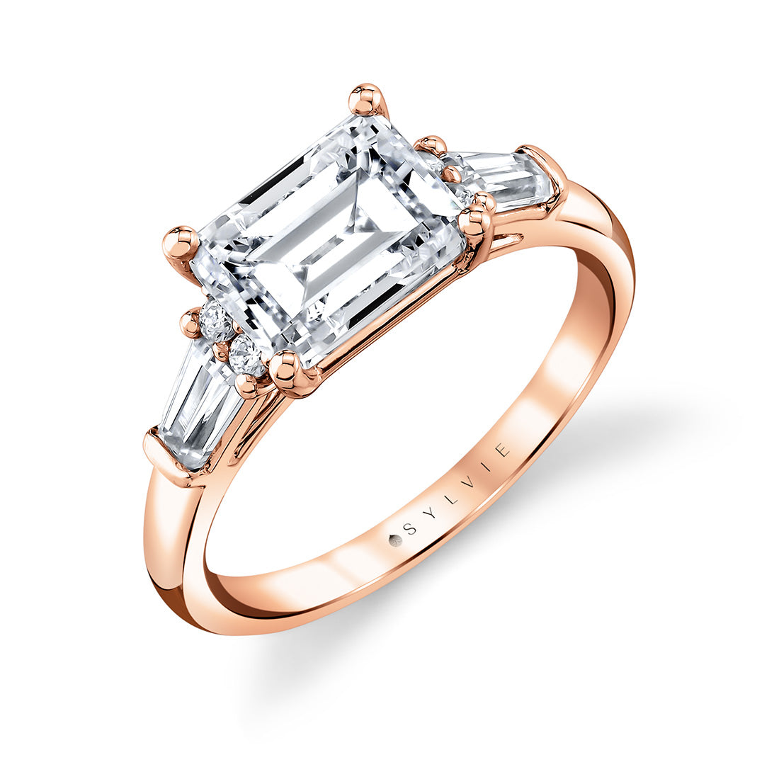 (18K Rose) East West Emerald Cut Three Stone Engagement Ring With Baguettes - Nicole