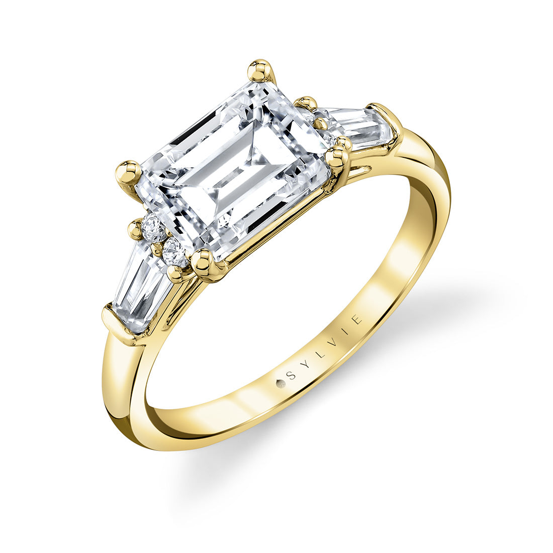 (18K Yellow) East West Emerald Cut Three Stone Engagement Ring With Baguettes - Nicole