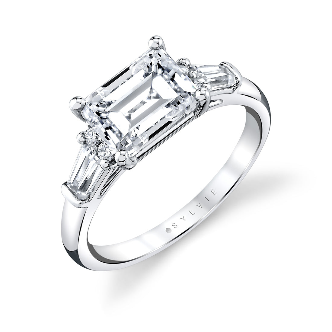 (Platinum White) East West Emerald Cut Three Stone Engagement Ring With Baguettes - Nicole