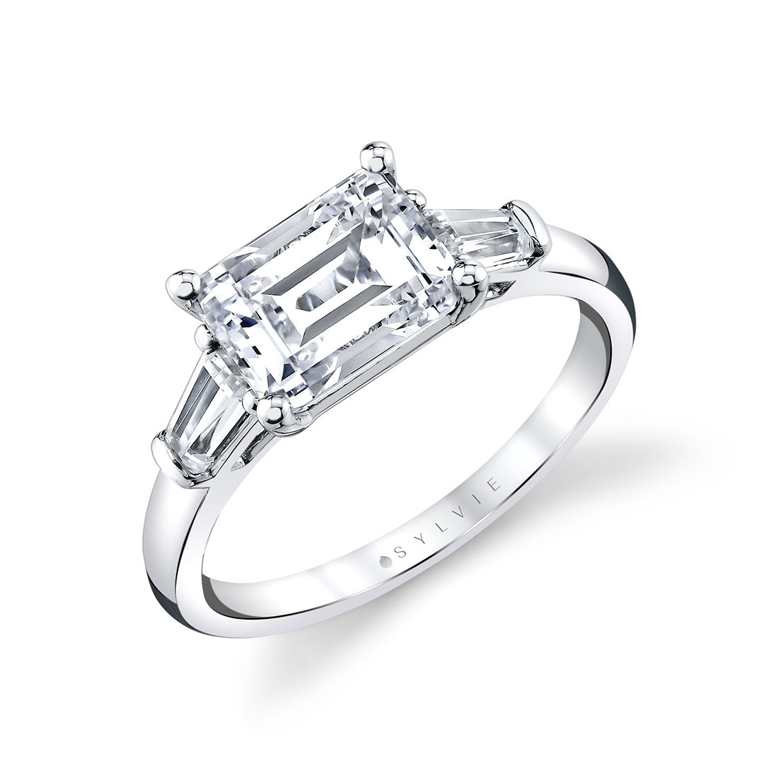 (Platinum White) East West Emerald Cut Three Stone Engagement Ring With Baguettes - Nicola