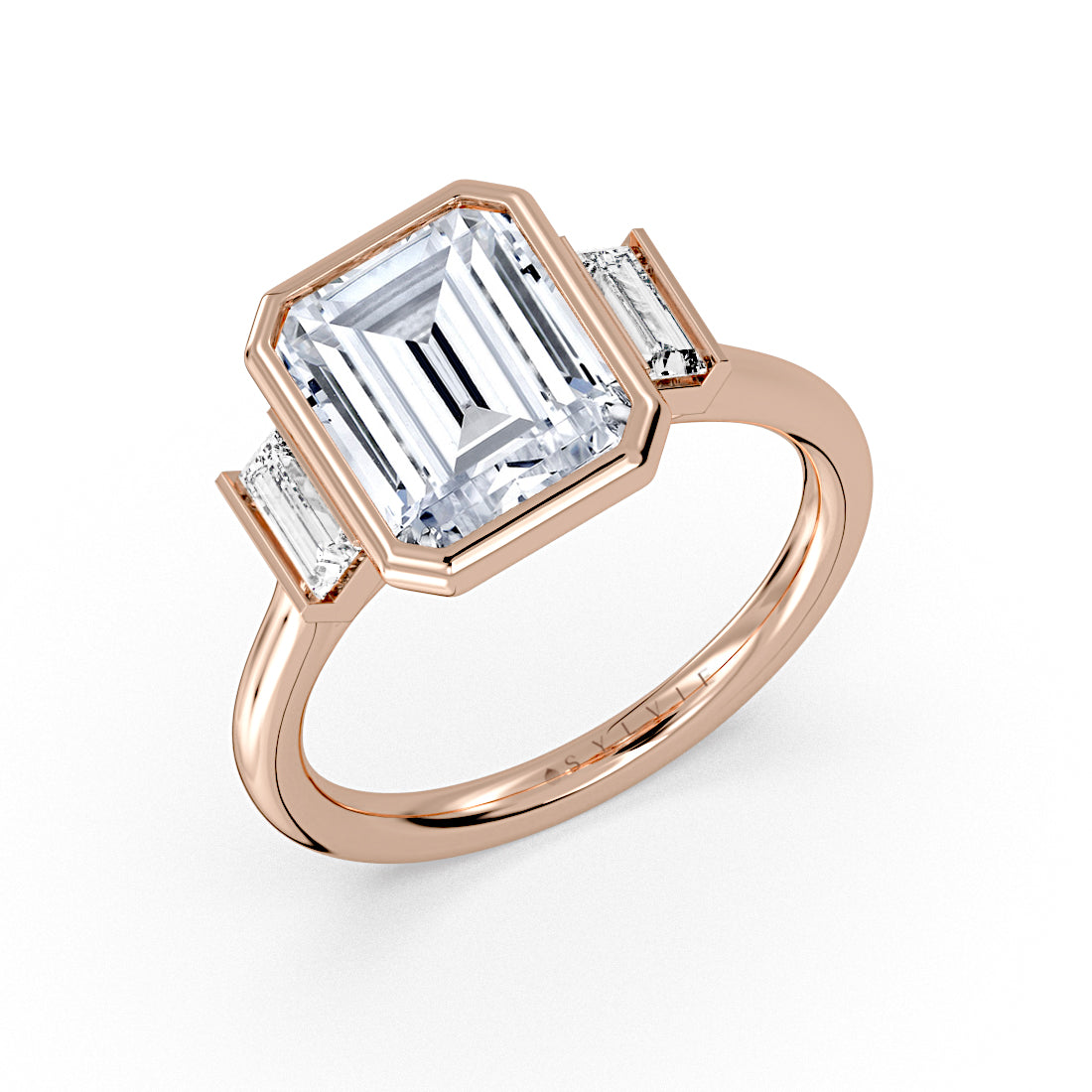 (18K Rose) Emerald Cut Baguette Three Stone Engagement Ring - Alessia