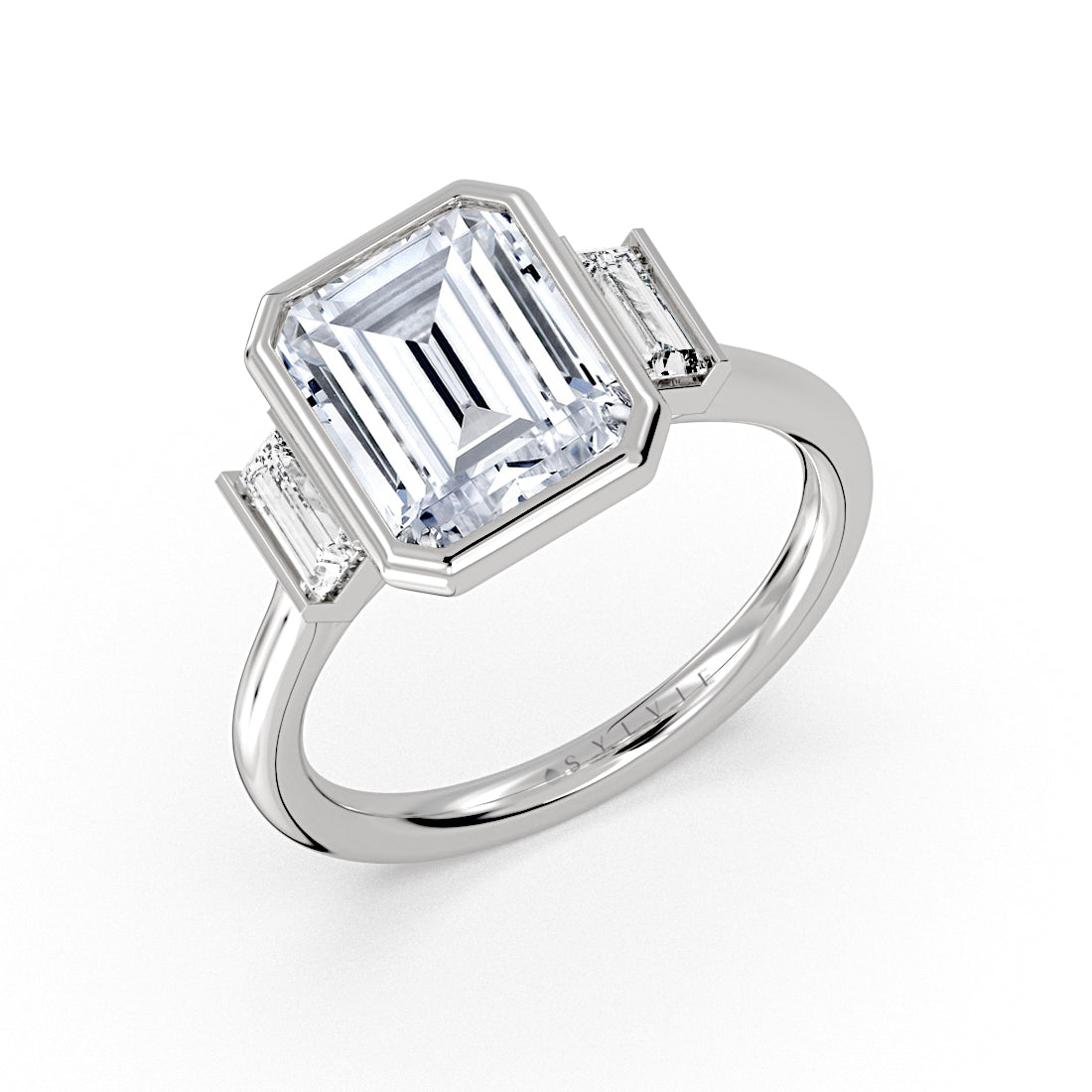(Platinum White) Emerald Cut Baguette Three Stone Engagement Ring - Alessia