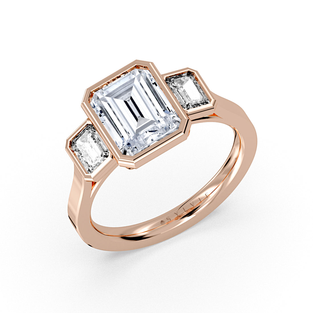 (14K Rose) Emerald Cut Bezel Three Stone Engagement Ring - Miriam