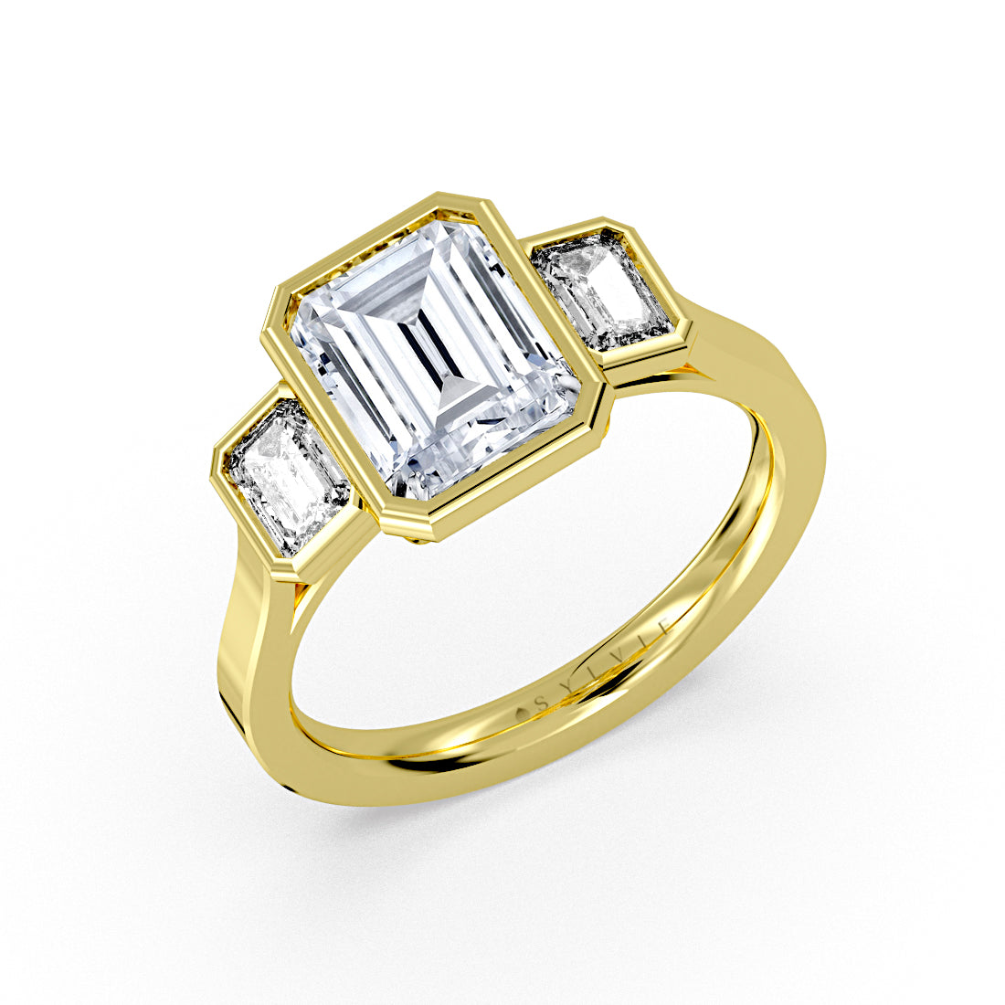 (18K Yellow) Emerald Cut Bezel Three Stone Engagement Ring - Miriam