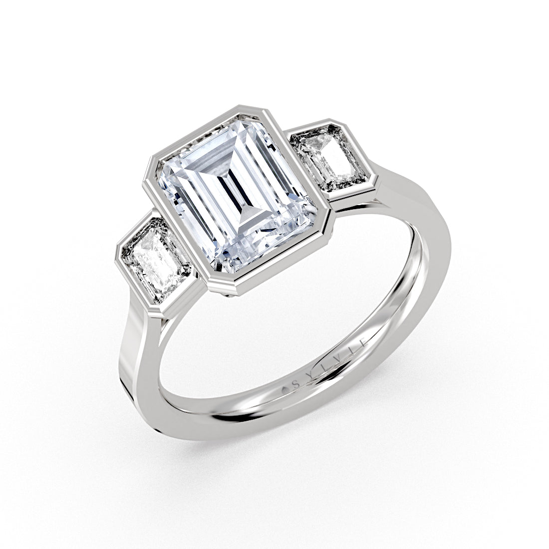 (Platinum White) Emerald Cut Bezel Three Stone Engagement Ring - Miriam