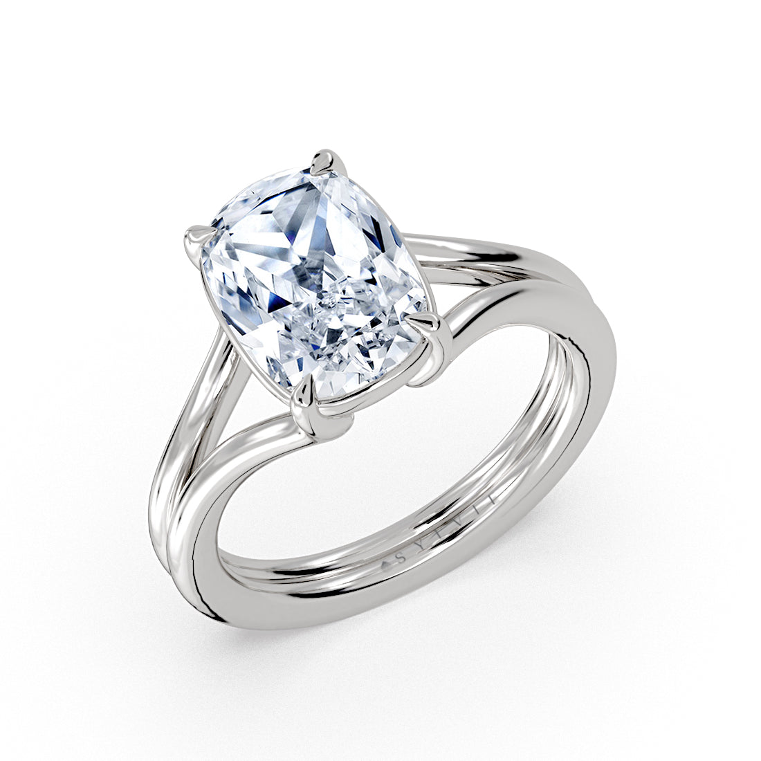 (14K White) Cushion Cut Wide Double Band Split Shank Engagement Ring - Laura
