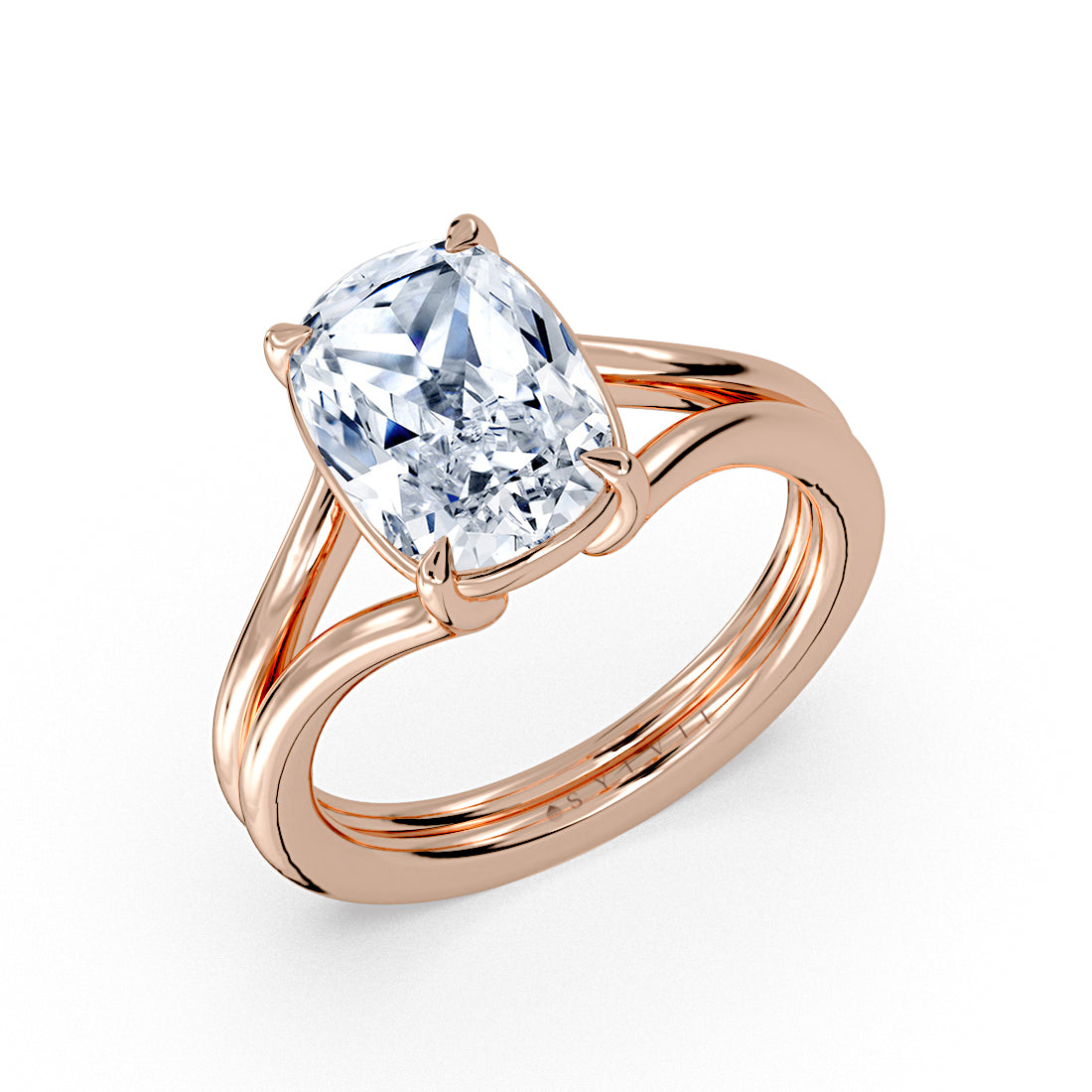 (18K Rose) Cushion Cut Wide Double Band Split Shank Engagement Ring - Laura