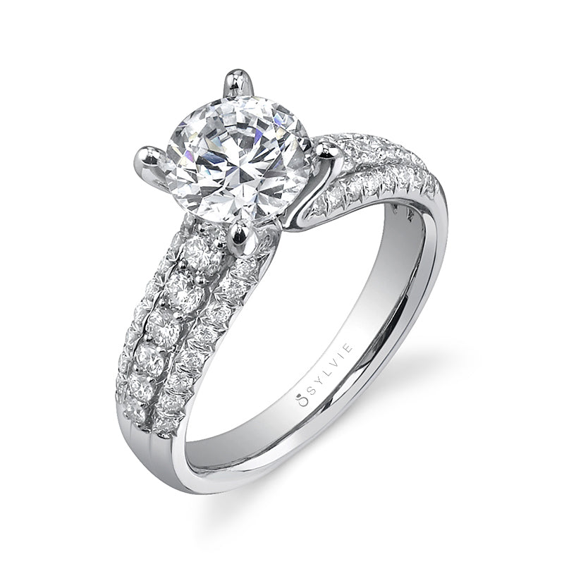 (14K White) Three-Row Pave Diamond Solitaire Engagement Ring
