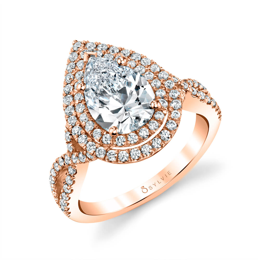 (14K Rose) Unique Double Halo Engagement Ring