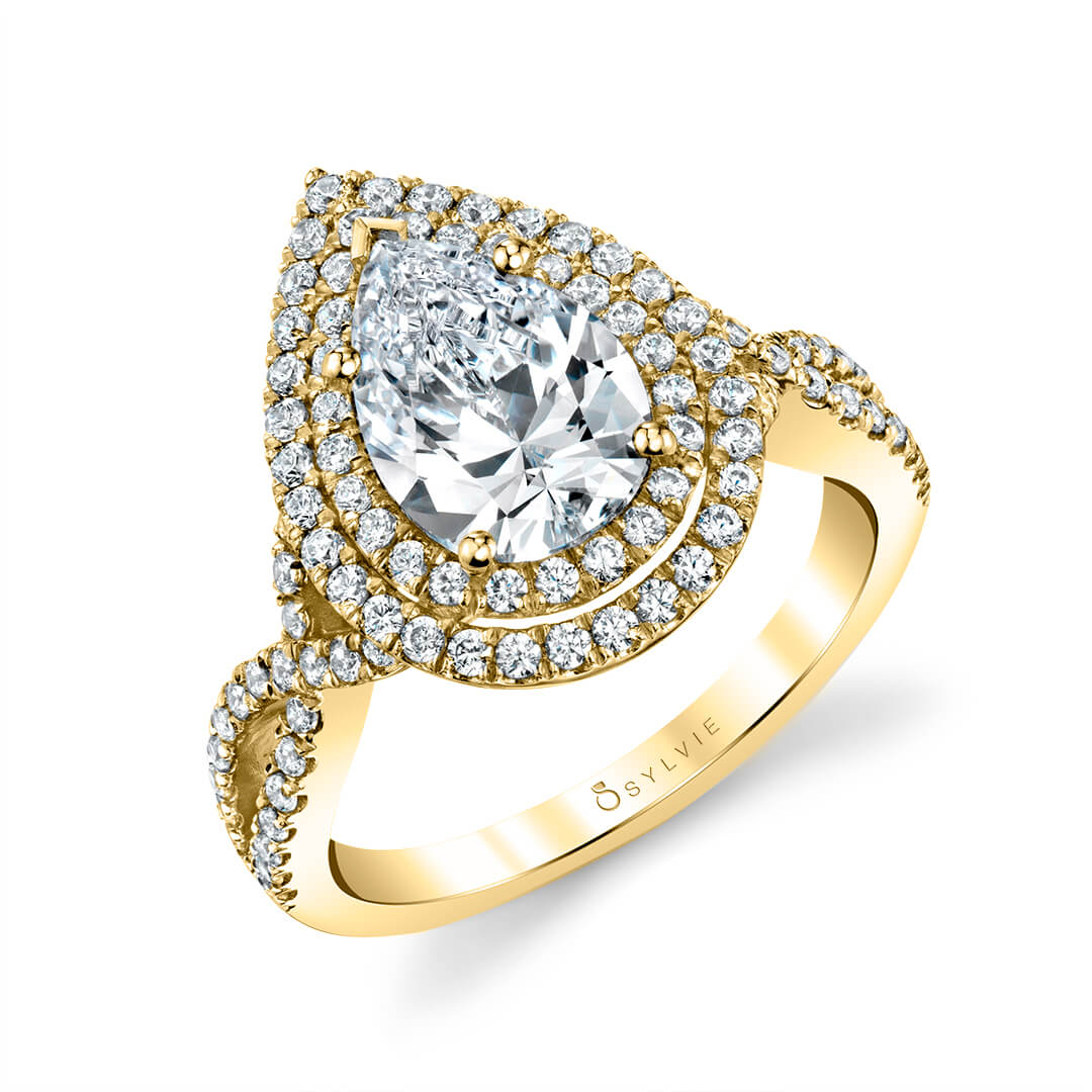 (14K Yellow) Unique Double Halo Engagement Ring