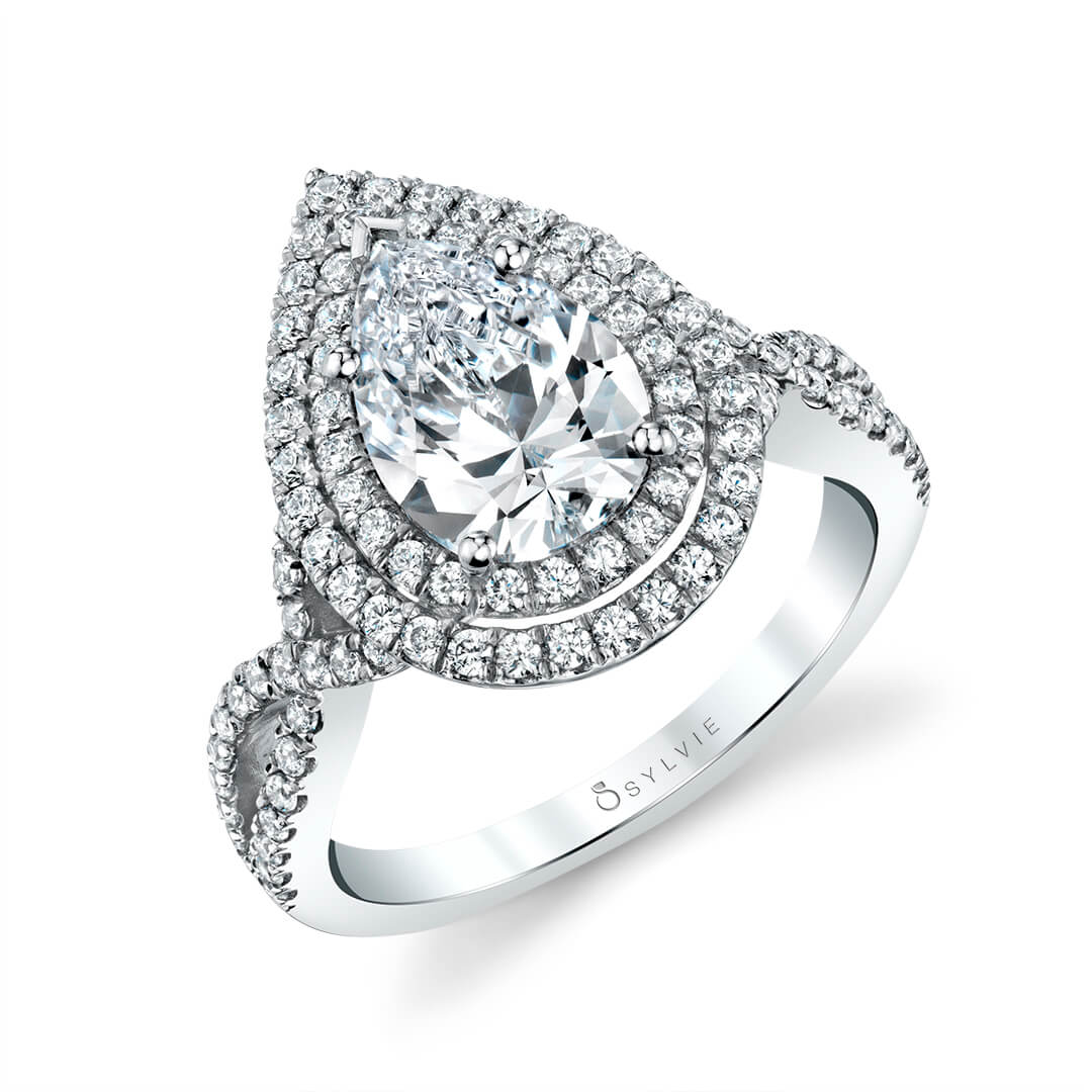 (Platinum White) Unique Double Halo Engagement Ring