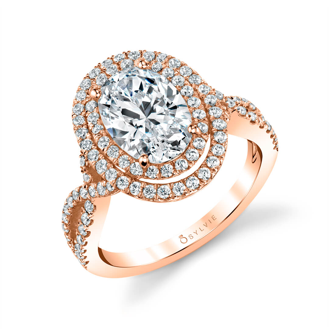 (18K Rose) Double Halo Split Shank Engagement Ring